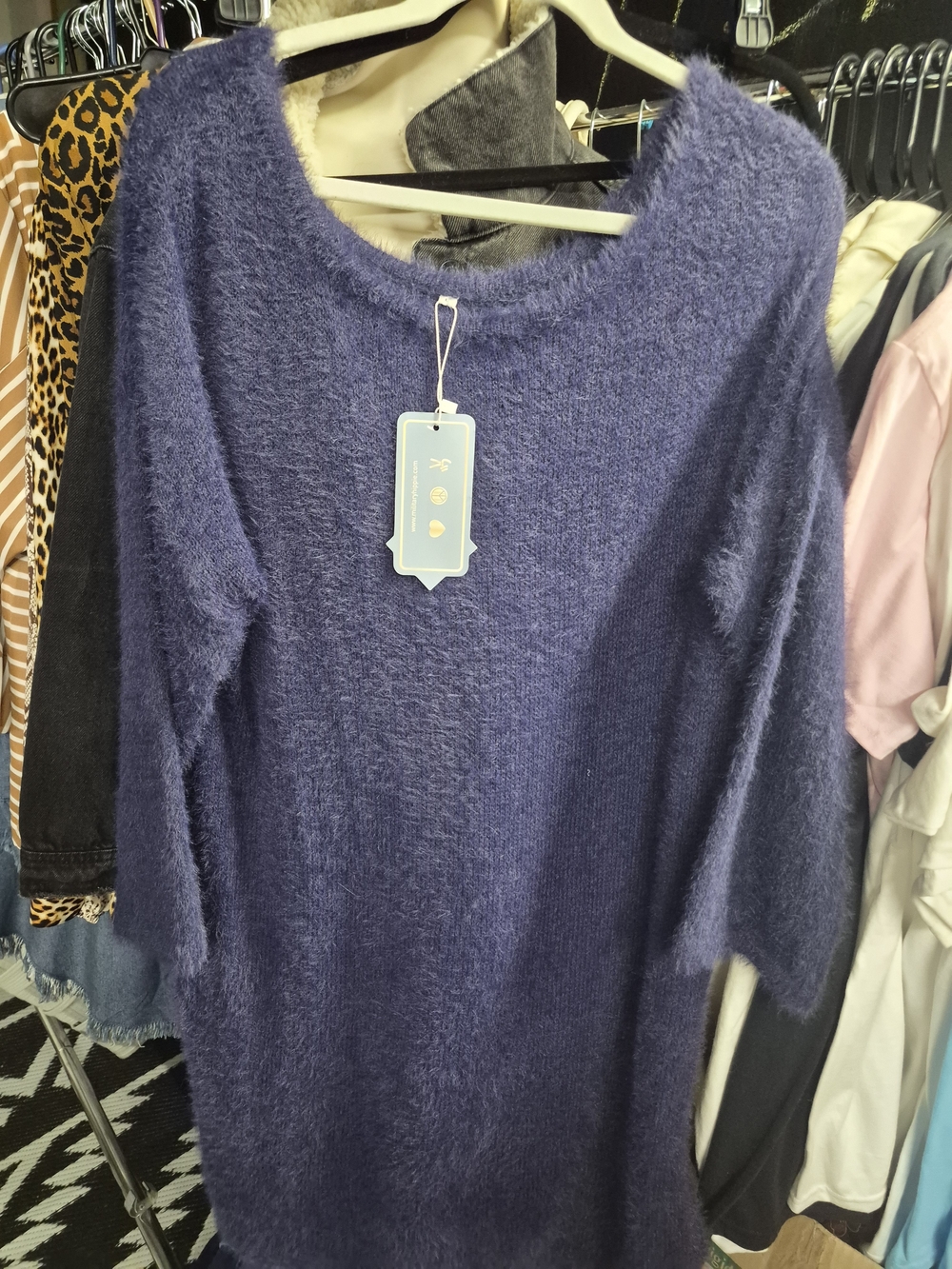 Cozy Fuzzy Boatneck Sweater Dress - Deep Royal Blue